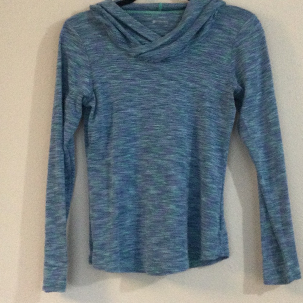 COLUMBIA, SMALL, TEAL/PURPLE HOODED SHIRT, USED, ATHLETIC